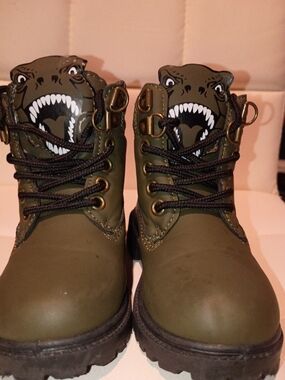 Kids Olive Green Dinosaur Lace-Up Boots